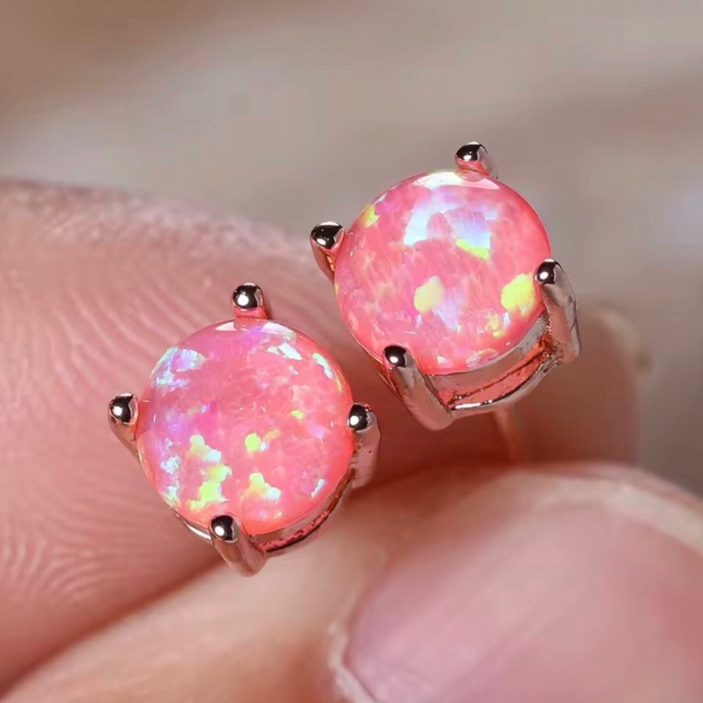 Pink Opal Round Stud Earrings